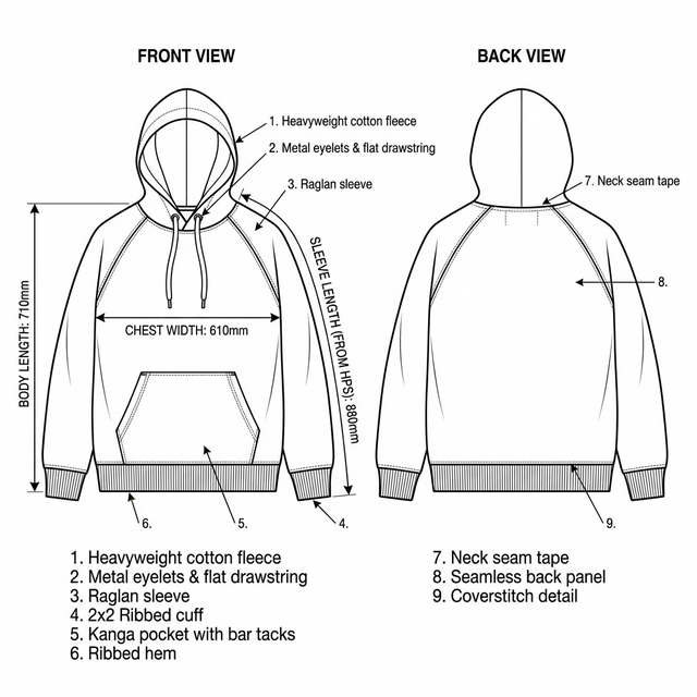 Minimalist technical flat sketch of a heavyweight hoodie