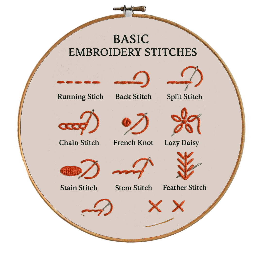 Detailed hand embroidery sample - Basic embroidery stitches