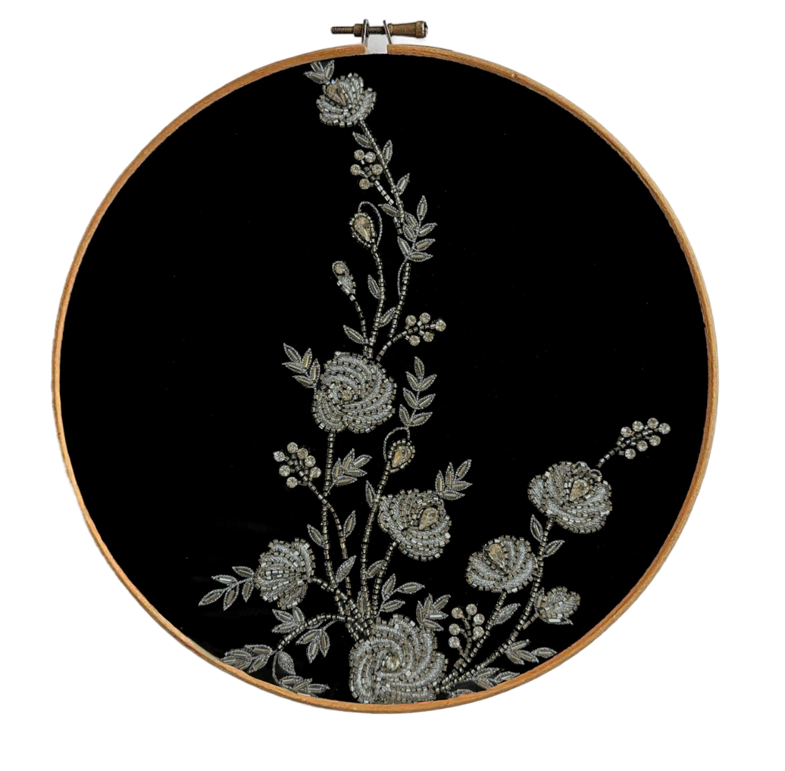 Handcrafted Silver Floral Embroidery Art