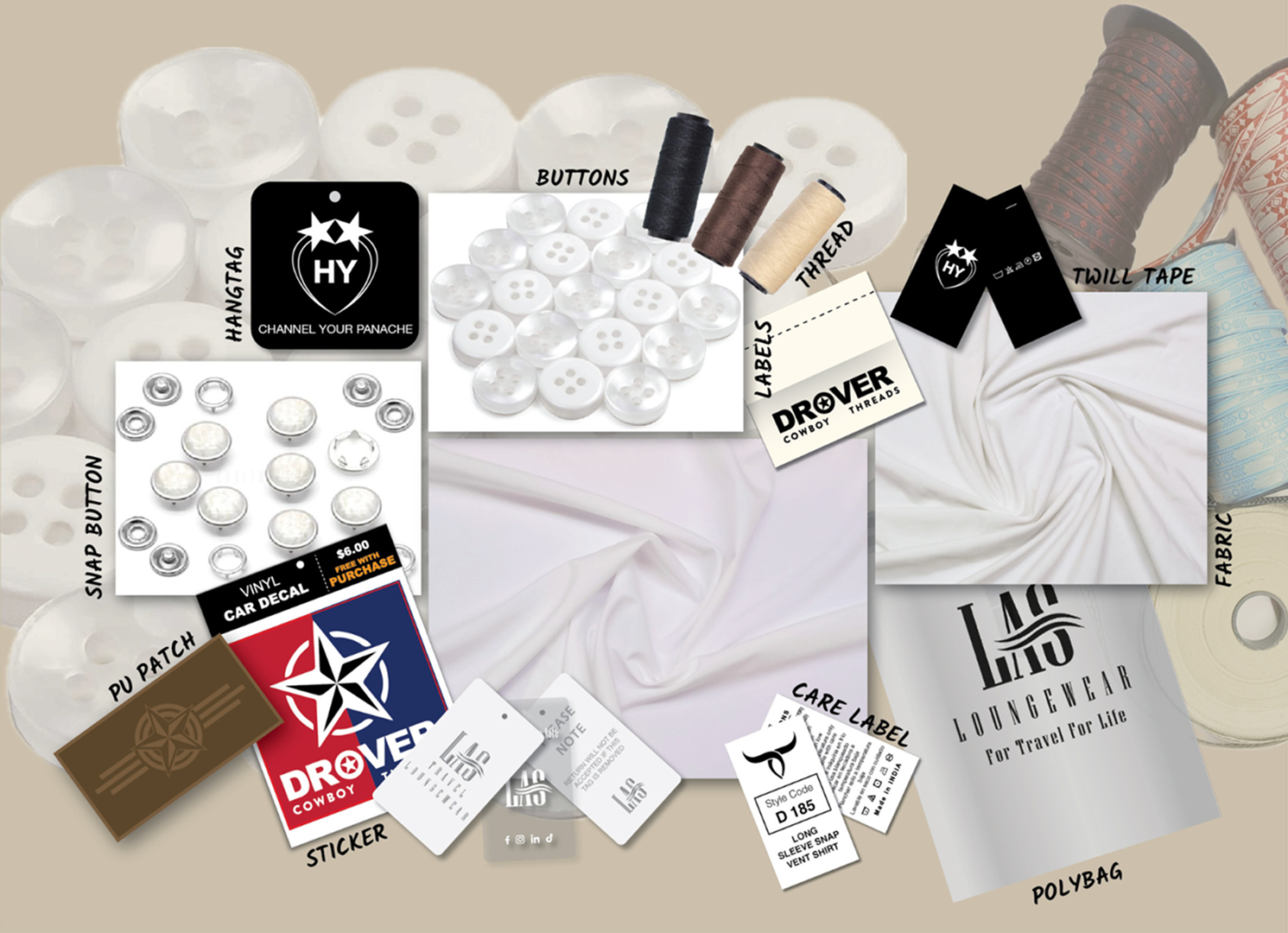 Bill of Materials for garments showing trims, labels, and fabric components