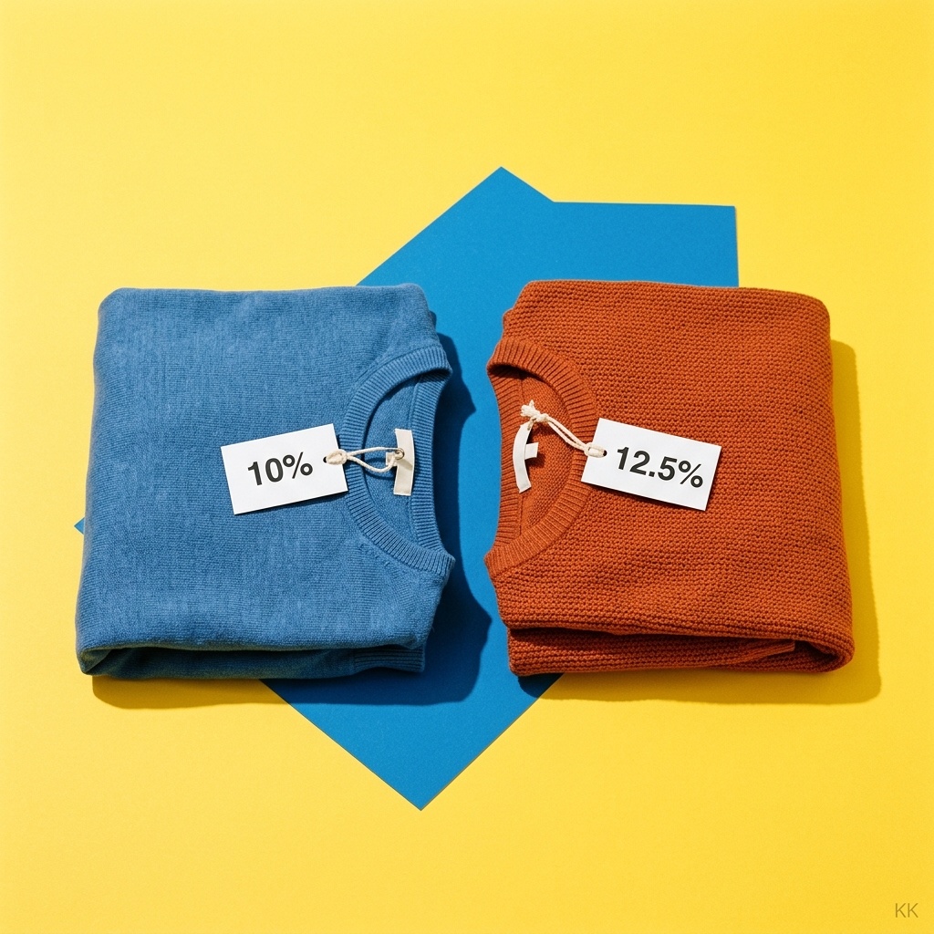 A playful graphic editorial still: two folded apparel pieces side by side on a bold sunny-yellow seamless background, one tagged with a small clean '10%' card and the other '12.5%', crisp geometry, a hard-edged blue shadow shape, bright high-key studio light. Generic unbranded garments, no logos, no faces.