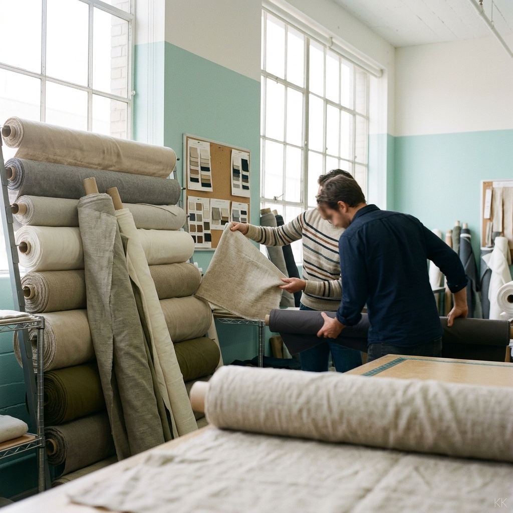A sunlit garment-sourcing showroom mid-flow: rolls of neutral apparel fabric stacked beside a huge bright window, two people in motion comparing bolts, daylight flooding a pale teal-and-white space. Faces turned away or cropped, no logos or readable text.