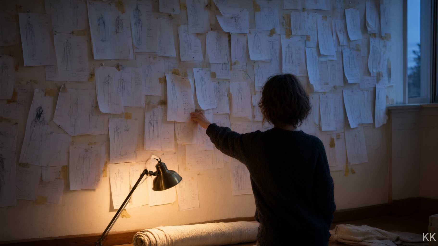 A design studio wall at dusk covered in a pinned grid of tech-pack printouts and flat sketches marked up in pen, a person's back reviewing them, angled desk lamp against blue evening window light.