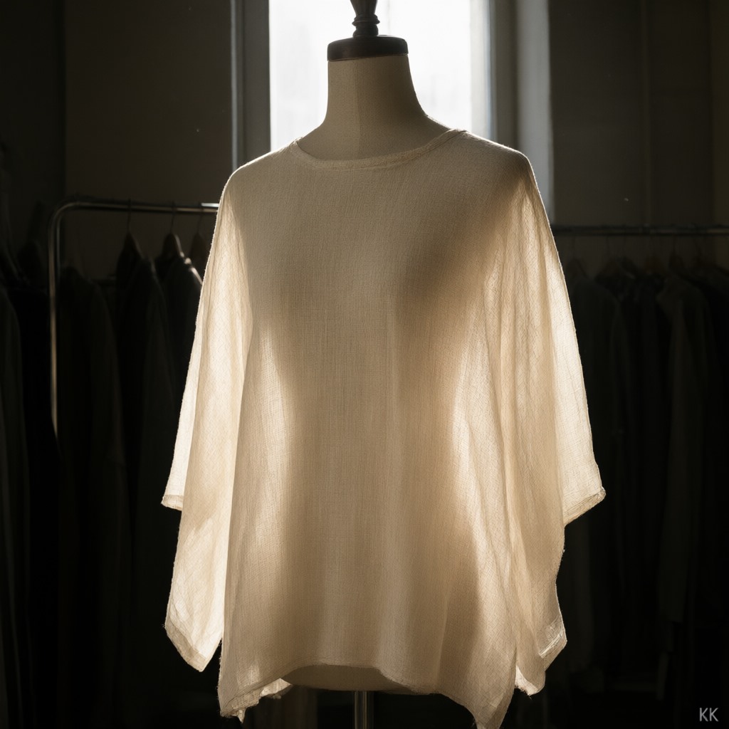 Product safety documentation apparel: a single unbranded lightweight plain-weave blouse on a headless dress form, hard window backlight driving through the cloth so the weave reads almost translucent, sample room and garment rail lost in shadow behind.