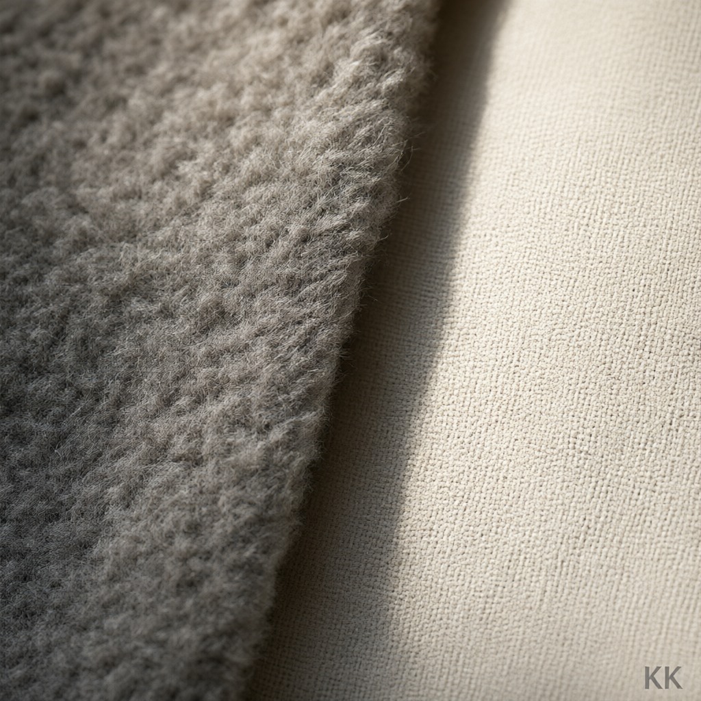 Extreme macro under raking sidelight of two cloths meeting: a brushed raised-nap fleece with fibres standing proud on the left, a flat plain weave with crisp warp and weft on the right — the surface difference that decides CPSC flammability scope.