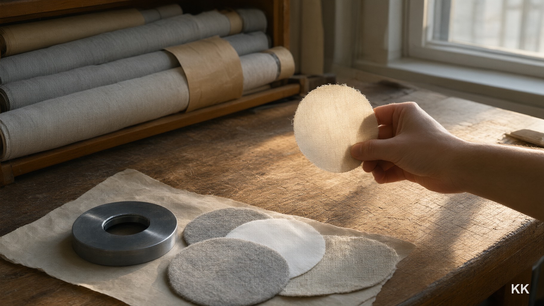 Customs compliance clothing brand: a hand holding a round fabric test disc up to window light on a scarred oak worktable, a steel GSM cutting die and four discs of different weights fanned out on brown paper beside it, rolls of greige cloth racked behind.