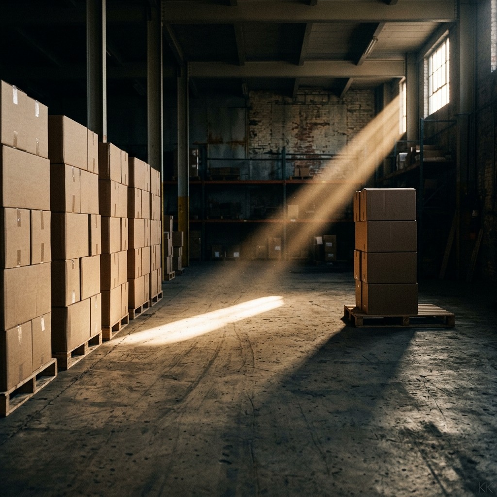 A quiet stockroom at end of day: sealed cartons stacked shoulder-high on one side, a single short stack of four boxes on the other, long shadows from a high window falling between them. Cinematic, lived-in, no faces, no logos, no readable labels.