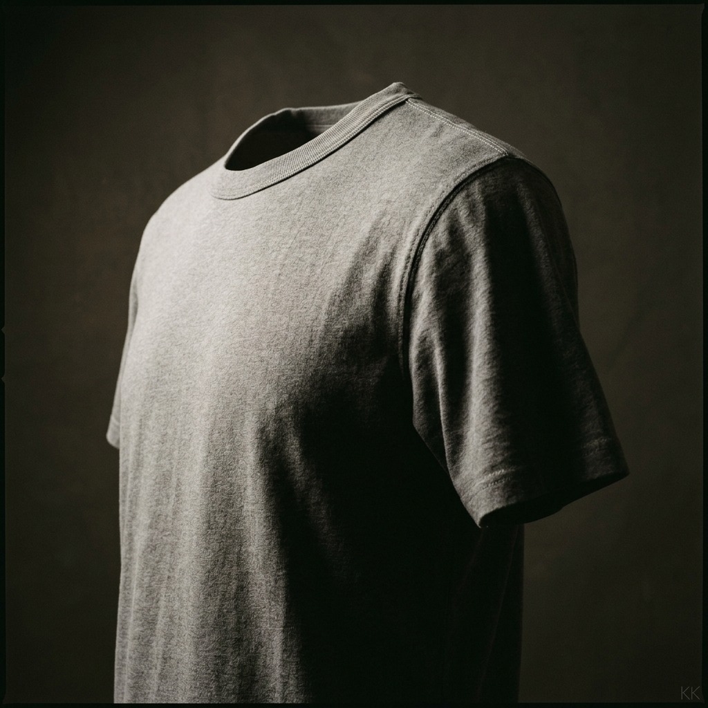 A single unbranded cotton crew tee on an invisible mannequin form, turned three-quarters, one hard directional light from camera left carving the shoulder seam and neck rib out of a deep shadow background. No print, no label, no face.