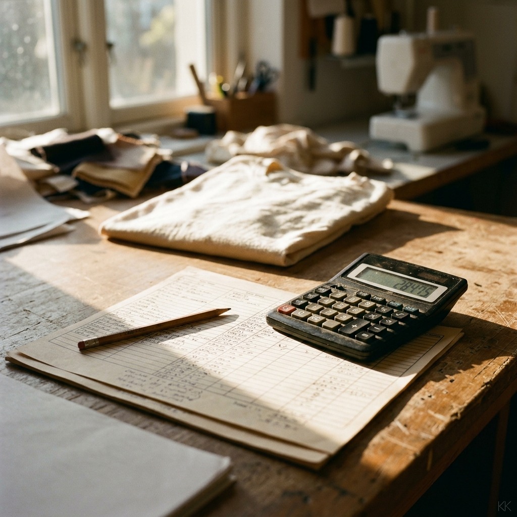 A costing desk at a garment studio in late-afternoon light: a printed cost sheet with a calculator resting on it, a folded unbranded cotton tee just behind, a pencil mid-annotation. Warm raking window light, shallow depth of field, no faces and no logos.