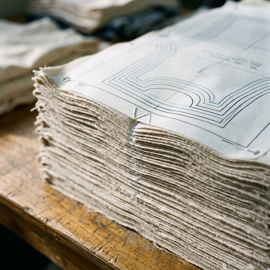 Extreme close-up of a cutting-table lay: forty plies of pale cotton jersey stacked and squared, a printed marker sheet pinned across the top with pattern outlines nested edge to edge, one chalked notch in sharp focus. Low raking light rakes the layered edges. No hands, no logos, no readable text.