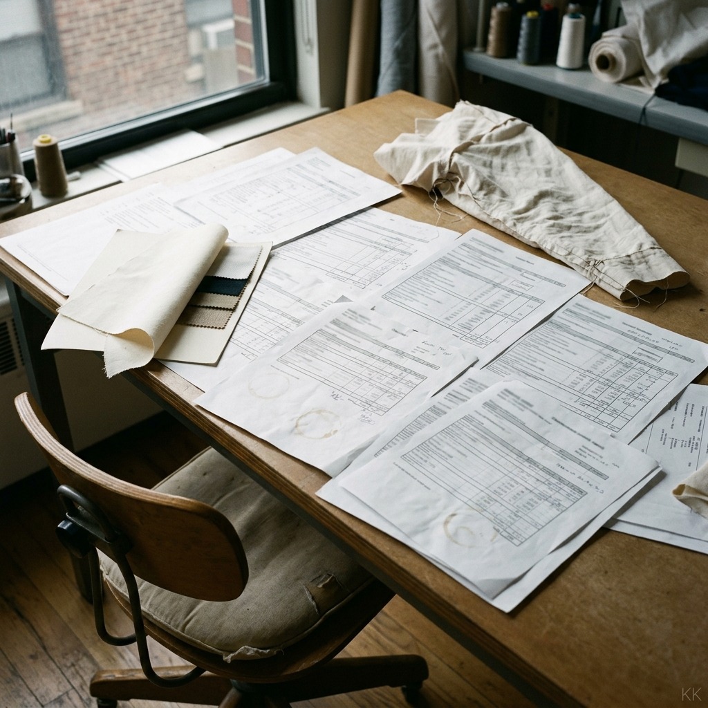 A garment costing table mid-review, seen from above and to one side: seven or eight printed cost sheets spread and overlapping across a wooden desk, coffee rings on two of them, a swatch card of plain cloth folded open at the left edge, an unfinished calico garment piece bundled at the far corner, and a worn wooden chair pulled back and empty. Cool daylight from a window onto a brick wall. Nobody in frame, no logos, no legible text.