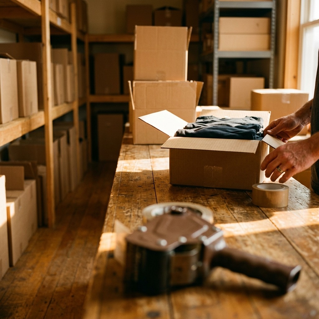 A warm documentary wide of a small American fulfilment room at end of day, late golden light across a packing bench, one open carton of neatly folded unbranded tees in sharp focus mid-frame, a rack of shelved cartons softening into the background, the hands of a worker only just entering the edge of frame. No logos, no faces, no signage.