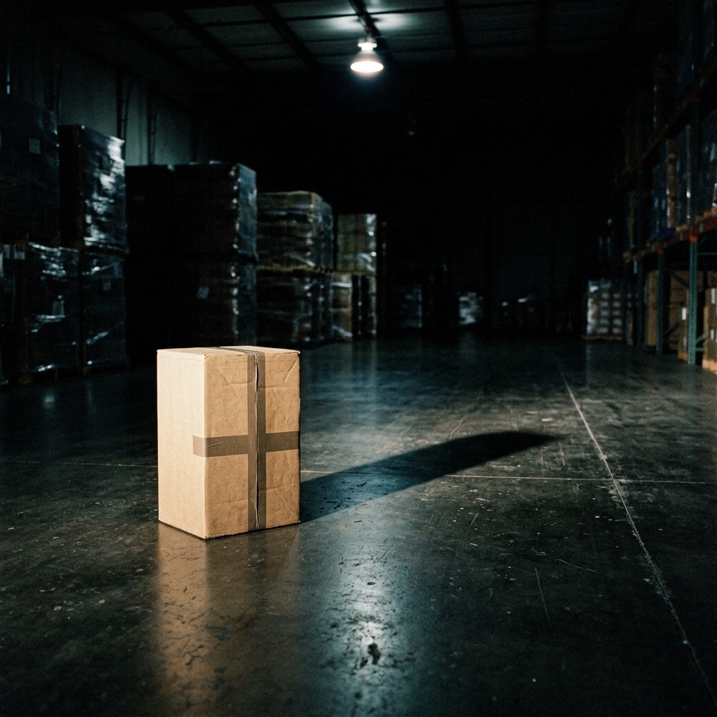 A single unbranded kraft-paper parcel standing alone on a dark concrete floor under one hard overhead light, its long shadow running toward a stack of shrink-wrapped cartons dissolving into darkness behind it. No logos, no labels, no faces.