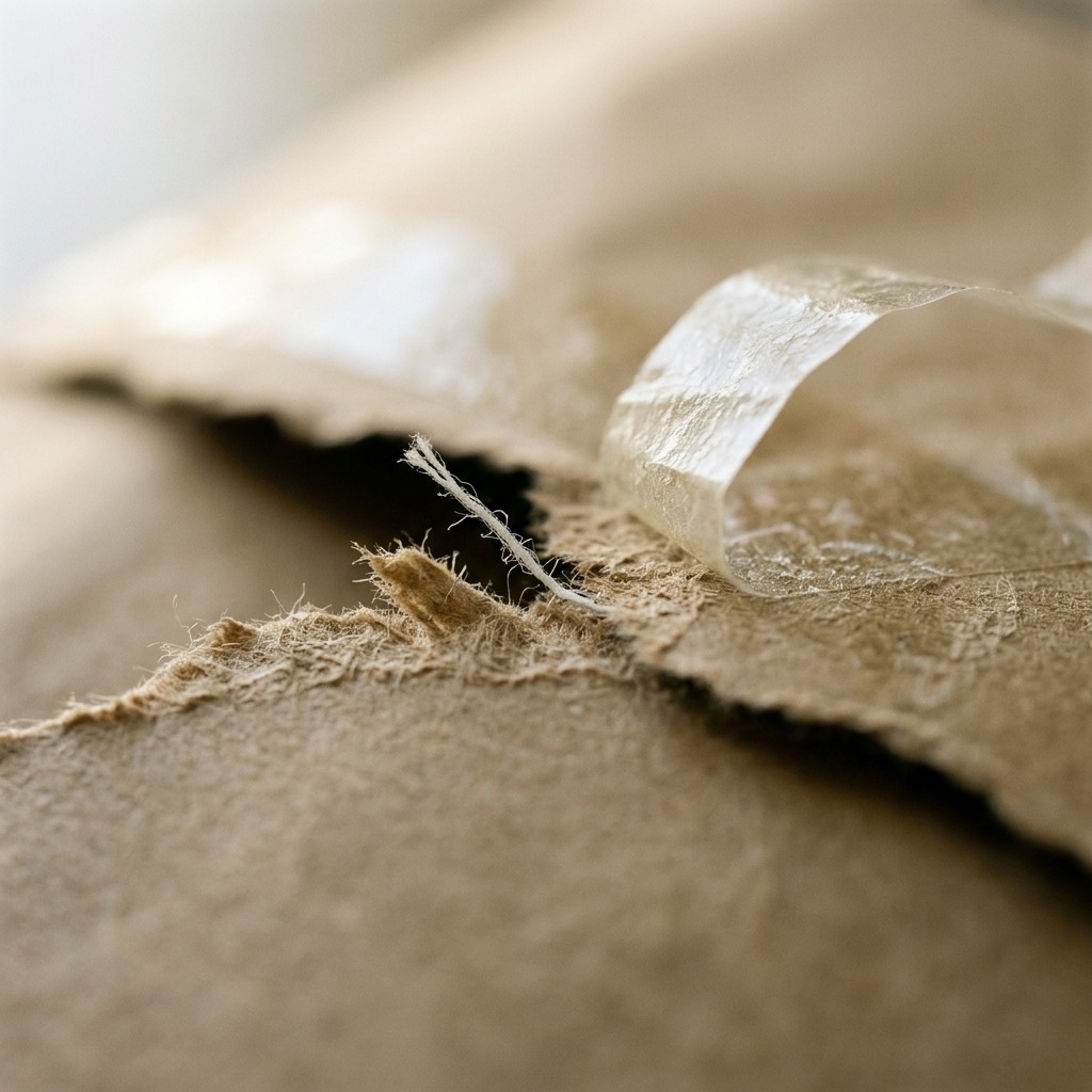 An extreme macro of the torn edge of a kraft mailer, packing-tape adhesive lifting in a thin translucent ribbon, individual paper fibres and one frayed cotton thread razor-sharp in a narrow band of focus, everything else falling into deep bokeh under soft raking window light. No text, no barcodes, no logos.