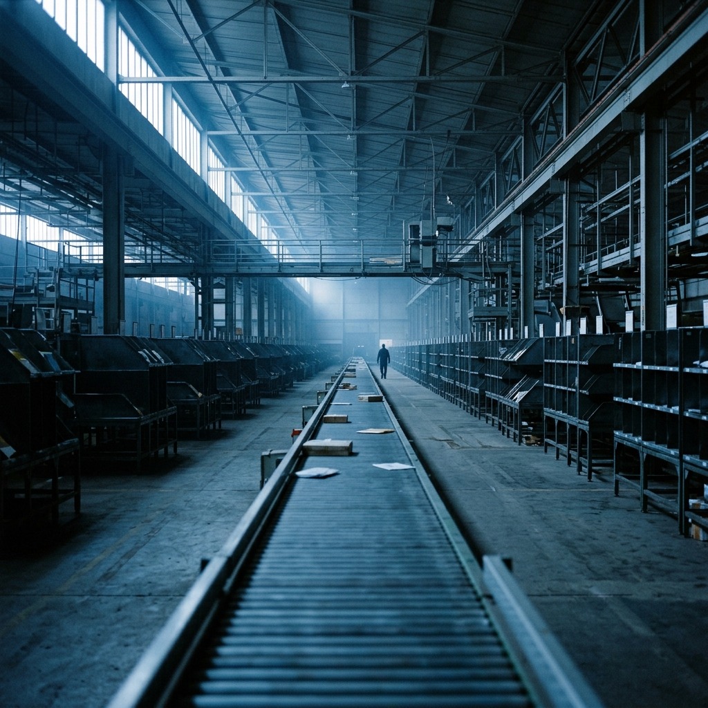 A cinematic documentary wide of a cavernous international mail sortation hall at dawn, cold blue light through high clerestory windows, one long conveyor running almost empty past rows of idle chutes, a lone worker seen only as a silhouette at the far end. No logos, no faces, no signage.