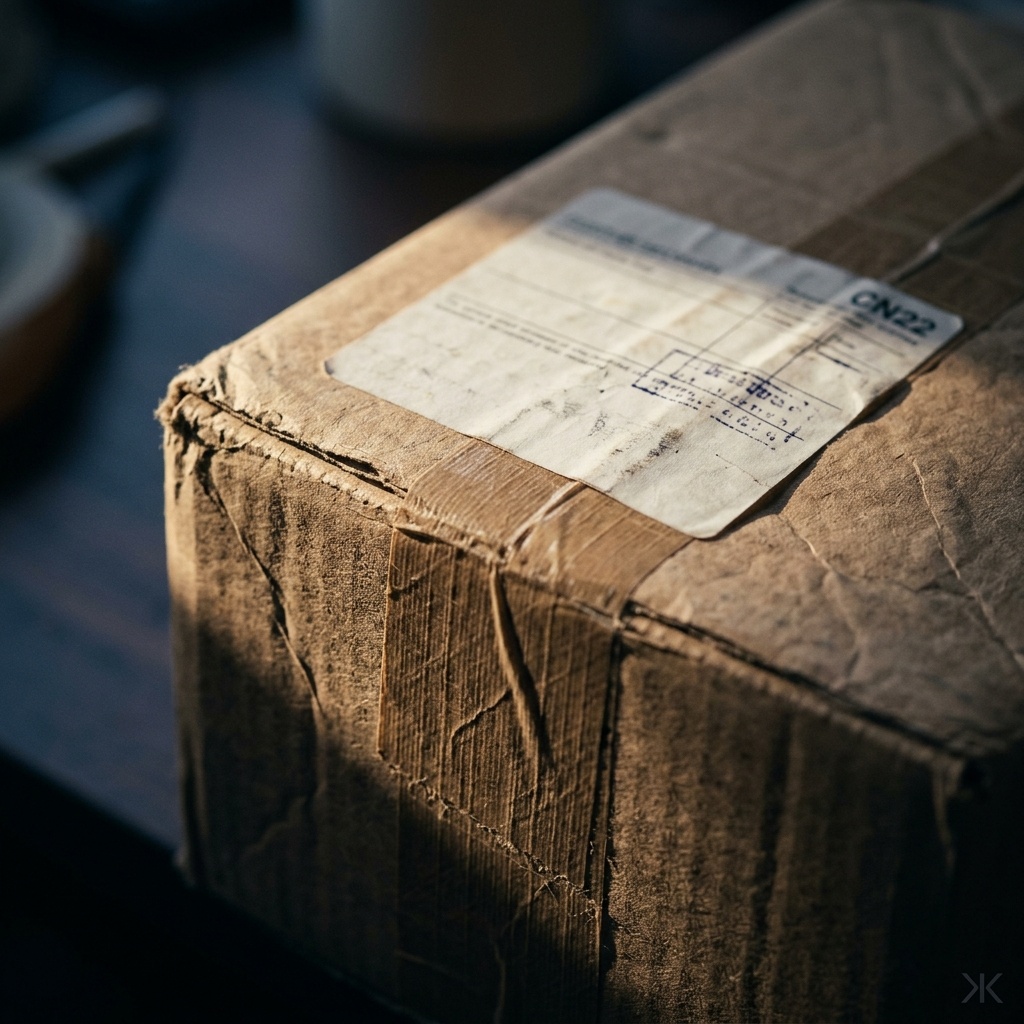 A single small kraft parcel alone on a scratched steel table, half lit by a hard shaft of window light and half in deep shadow, a faint price-tag string trailing off the edge. Moody and quiet, no faces, no readable text.
