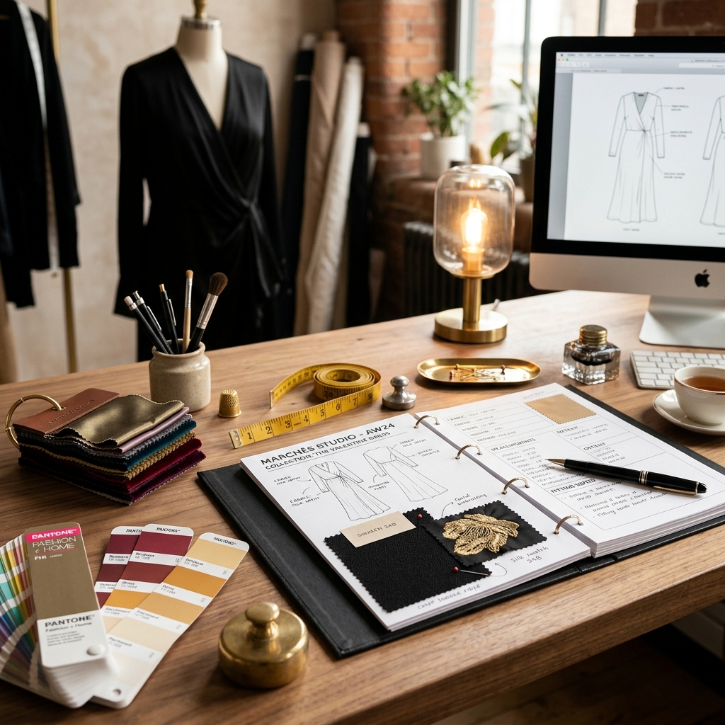 On-demand production flow from tech pack to finished garment laid out on a workbench