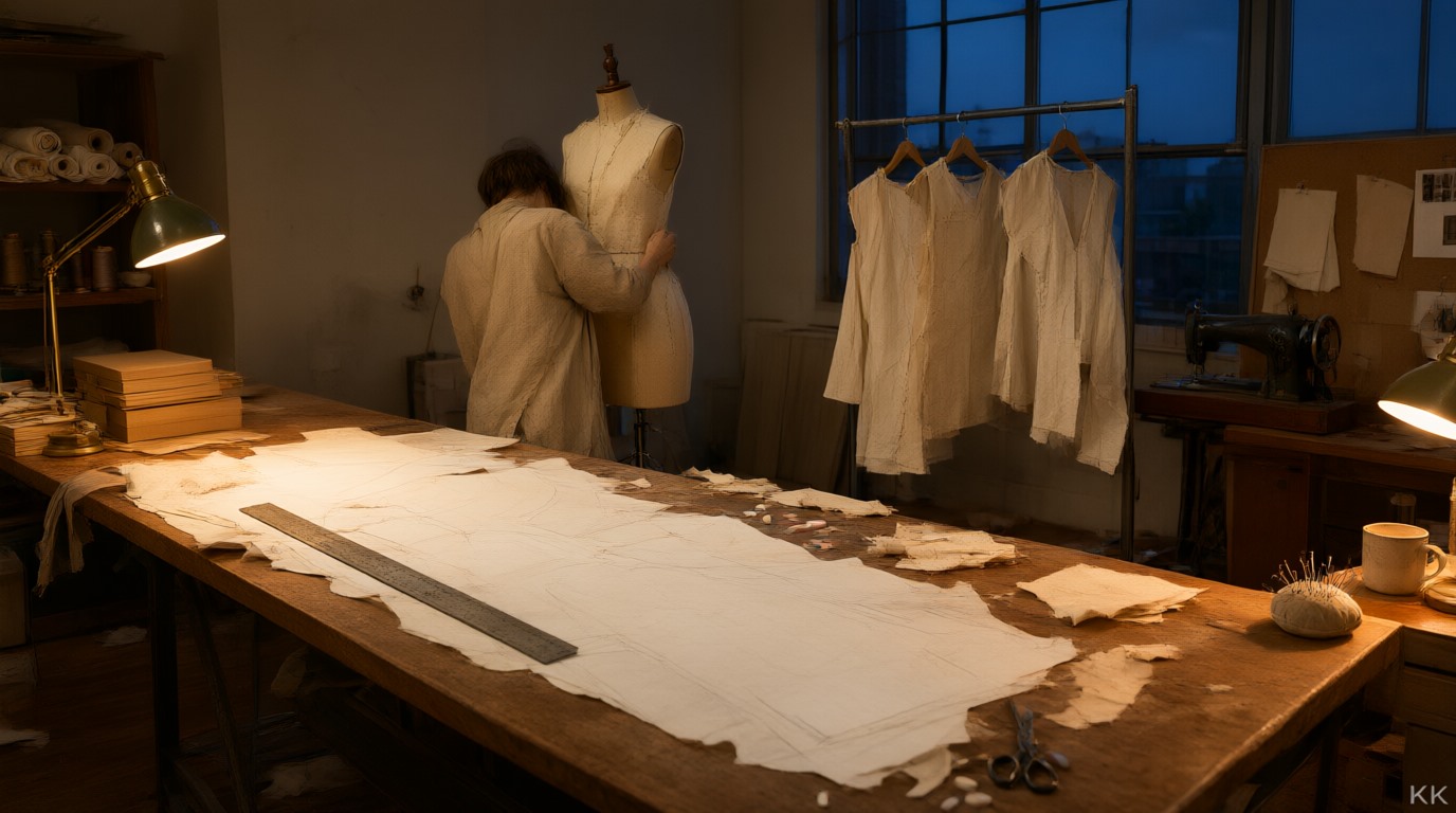 India apparel manufacturer sampling room at dusk: paper pattern pieces and a steel rule on a long cutting table, calico toiles on a rail, warm desk lamps against blue evening light in the window, a person's back pinning a half-made garment to a stand form.