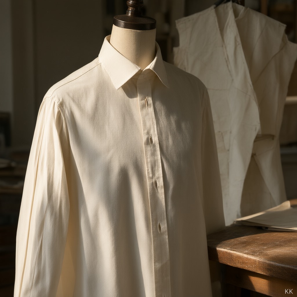 Sourcing clothing manufacturing from India: an unbranded cream cotton poplin shirt on a tailor's dress form in hard raking afternoon light, collar roll and placket in relief, a half-finished muslin toile hanging behind.