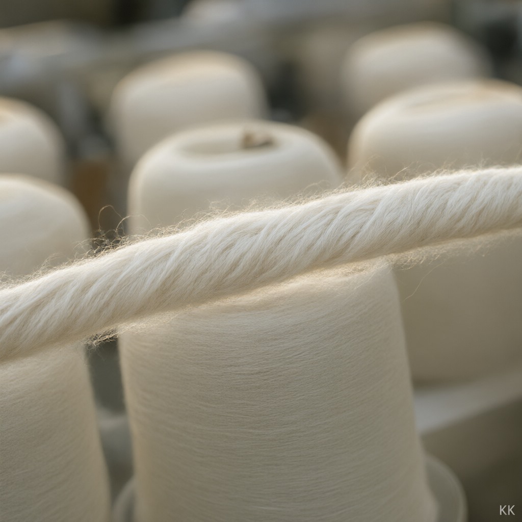 India apparel manufacturer for startups: macro detail of freshly spun cotton yarn winding onto a bobbin on a ring-spinning frame, fibre twist and lint halo sharp in a narrow band of focus, rows of bobbins soft behind.