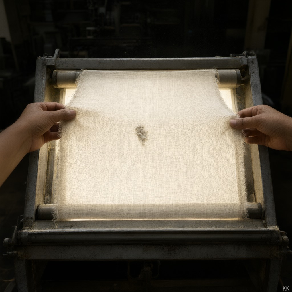 Clothing manufacturing India quality control: two hands running a width of undyed cotton greige fabric across a backlit inspection frame in an Indian textile mill, the weave structure and a small slub flaw glowing through the light box.