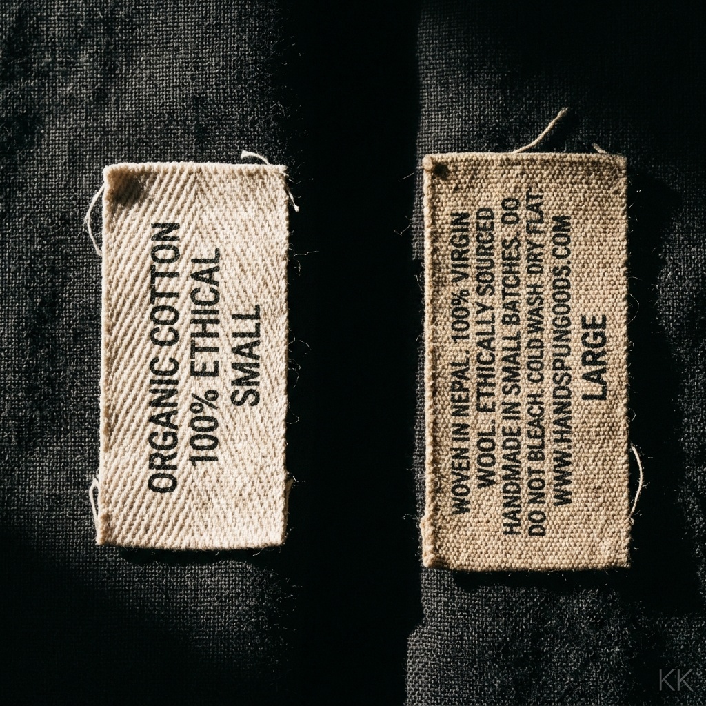 Two unbranded woven garment labels side by side in a conceptual split-frame under directional light — one reading a plain claim, one a qualified claim — suggesting the choice a founder makes.