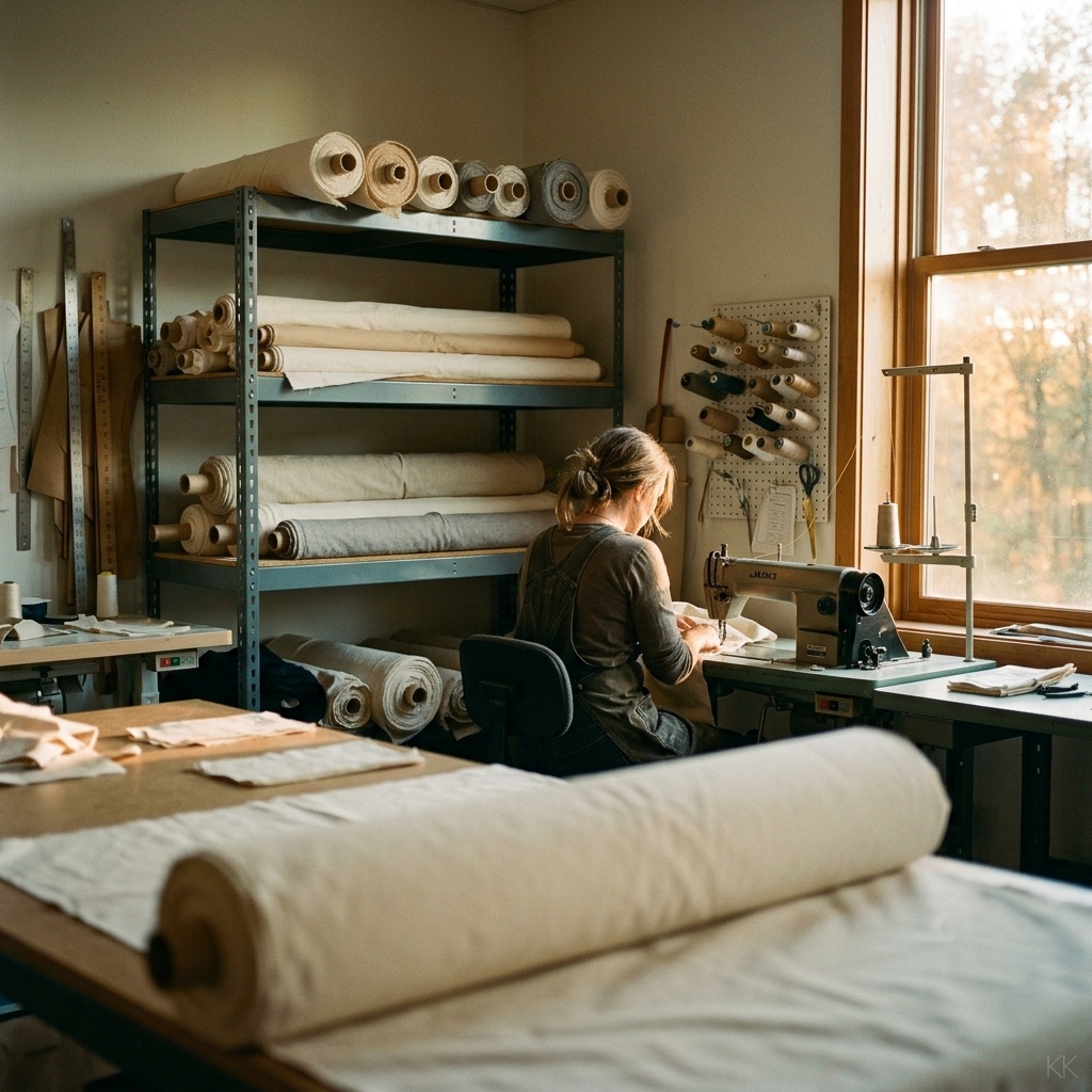 A small-batch US cut-and-sew floor at golden hour — bolts of fabric and a single machinist seen from behind, cinematic and lived-in.