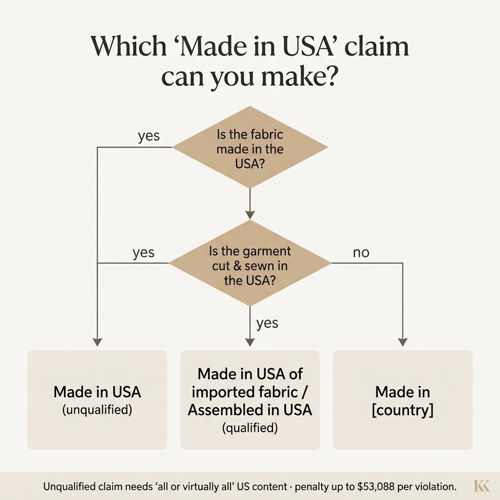 A branded decision tree titled 'Which Made in USA claim can you make?' — branching on whether the fabric is US-made and whether the garment is cut and sewn in the US, resolving to: 'Made in USA', 'Made in USA of imported fabric' / 'Assembled in USA', or 'Made in [country]'.