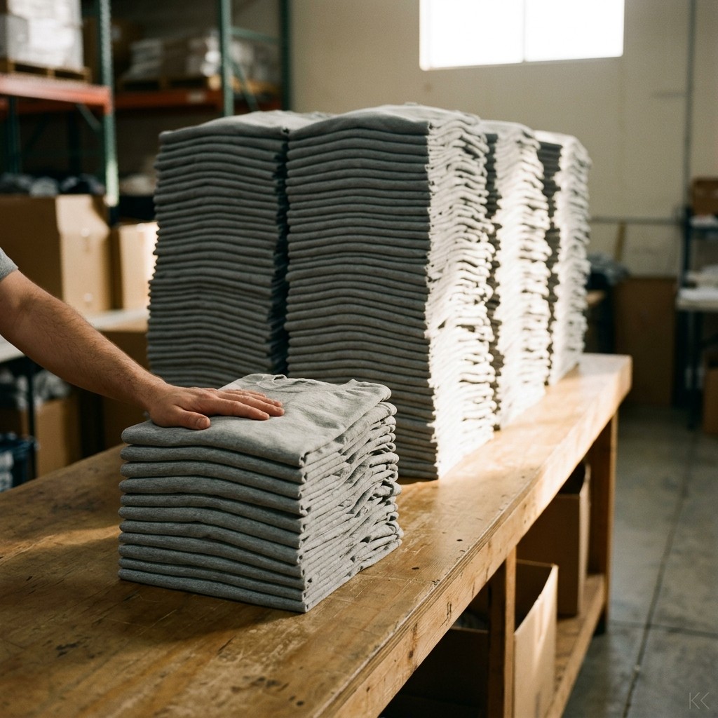 Cash at risk in small batch clothing production: a knee-high stack of folded unbranded cotton tees in the foreground against a shoulder-high wall of the same garment behind it, one hand resting on the small stack for scale.
