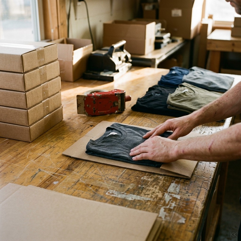 The end of a low MOQ clothing manufacturing run: two hands wrapping a folded charcoal cotton tee in kraft paper at a packing bench, sealed mailer cartons stacked at the left, a row of folded garments in other colors waiting at the right, a tape gun on the worn bench.