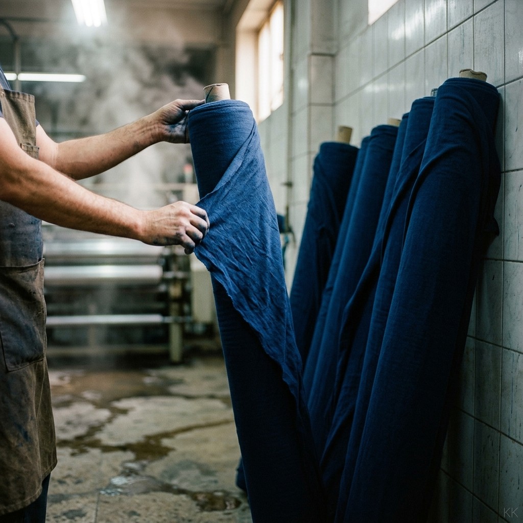 Why a no MOQ clothing manufacturer still has a minimum: freshly dyed cotton jersey rolls standing on end in a dye house, two hands lifting the loose end of the nearest roll to check the shade against the light — the mill's dye lot, not the factory, sets the real floor.