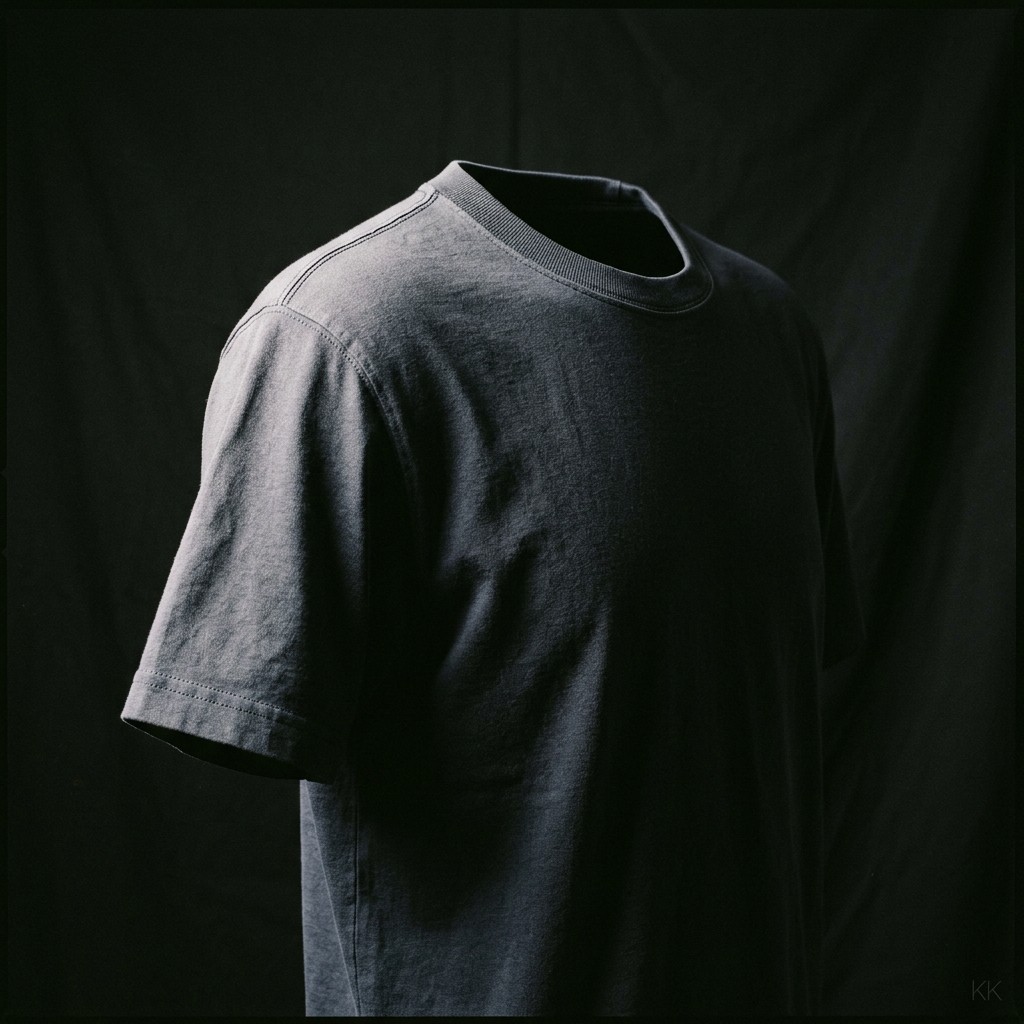 A single unbranded cotton crew tee from a small batch clothing production run, shown on an invisible mannequin form and turned three-quarters, one hard directional light picking out the shoulder seam against a deep shadow background.