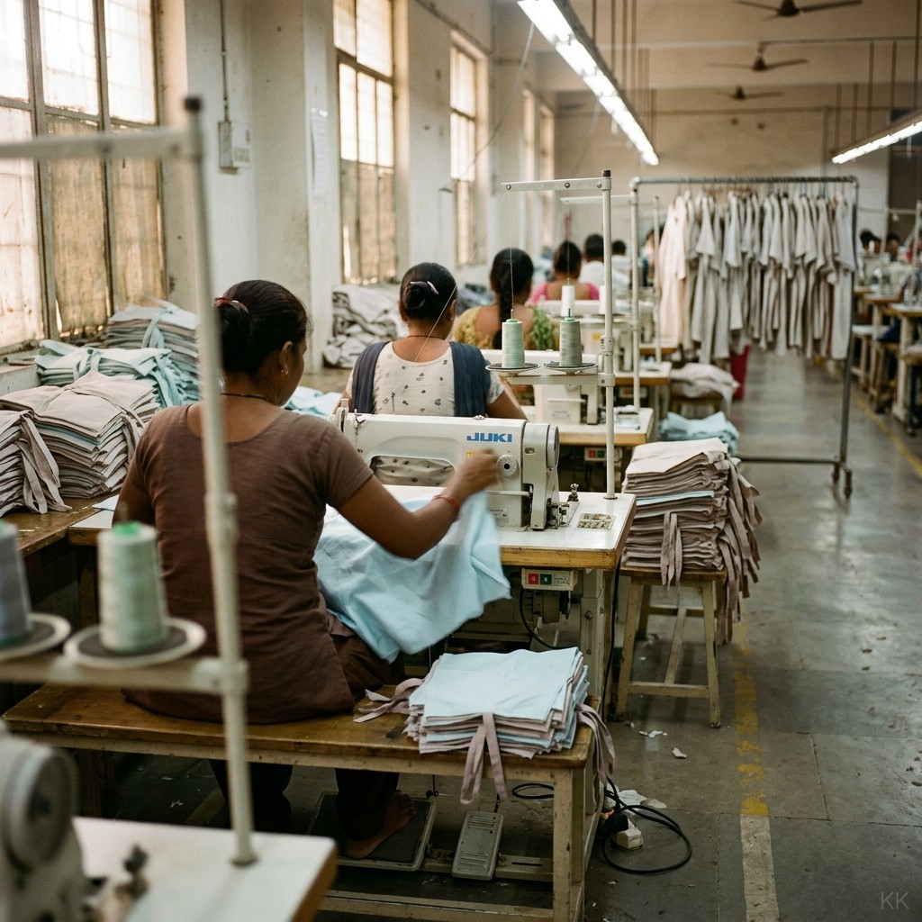 A no MOQ clothing manufacturer's sewing floor mid-shift: machinists at their stations down a working line, the nearest guiding pale blue cotton under the needle, stacks of cut panels beside each bench and a full rail of finished garments at the far end, daylight from tall factory windows.
