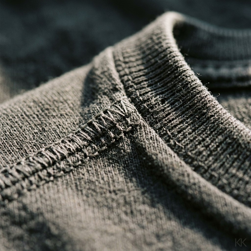Macro detail of a flatlock shoulder seam on a heavyweight cotton tee from a low MOQ clothing manufacturing run, stitch density and rib texture in sharp focus under low raking light, no labels or logos in frame.