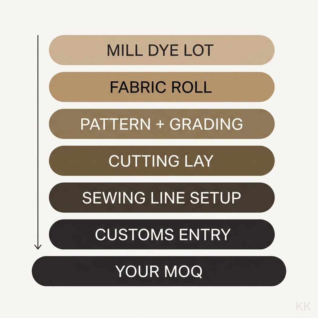 Infographic explaining minimum order quantity in clothing manufacturing: six stacked bars — mill dye lot, fabric roll, pattern and grading, cutting lay, sewing line setup and customs entry — each imposing its own minimum and flowing downward into a single bar labelled Your MOQ.