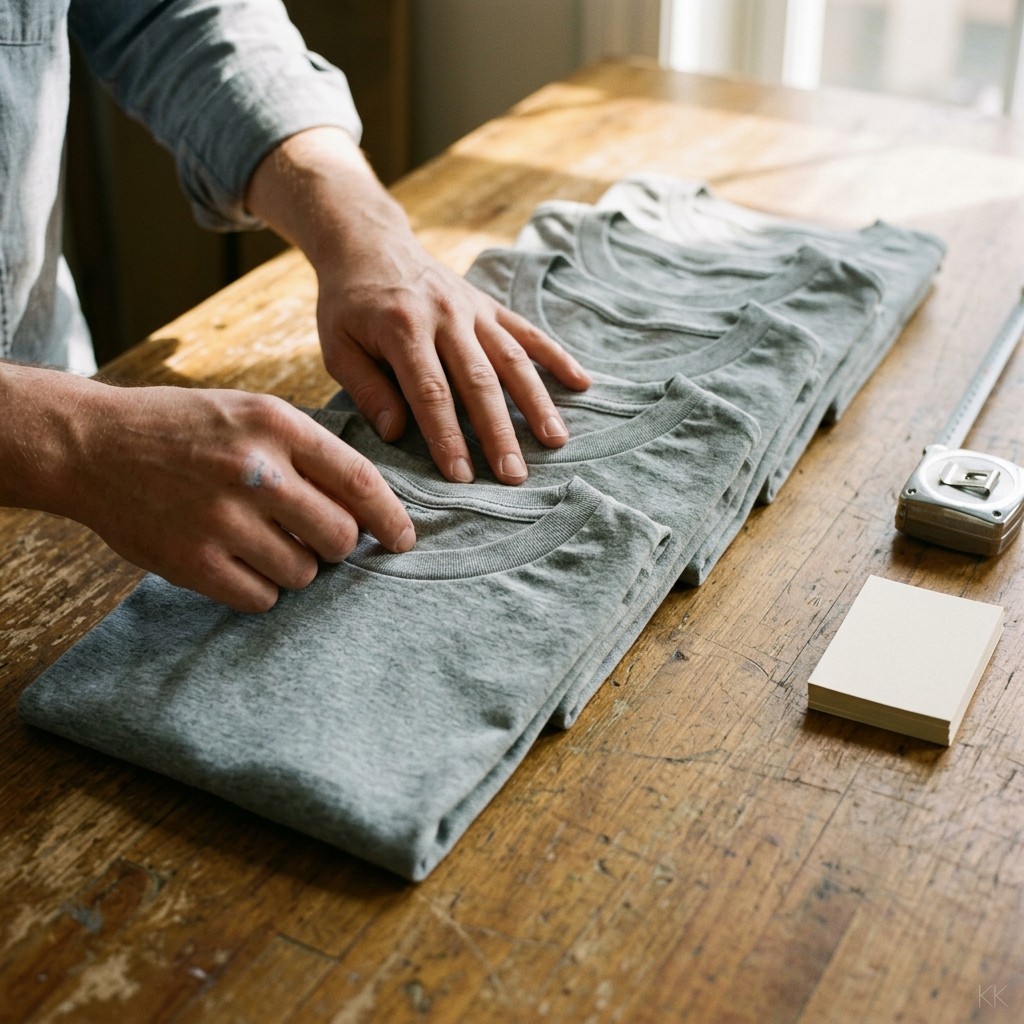 What a small batch clothing production order looks like: two hands squaring up a short size run of folded grey unbranded cotton tees in a stepped row across a worn wooden worktable, a steel tape measure and a stack of blank cards beside them in warm window light.