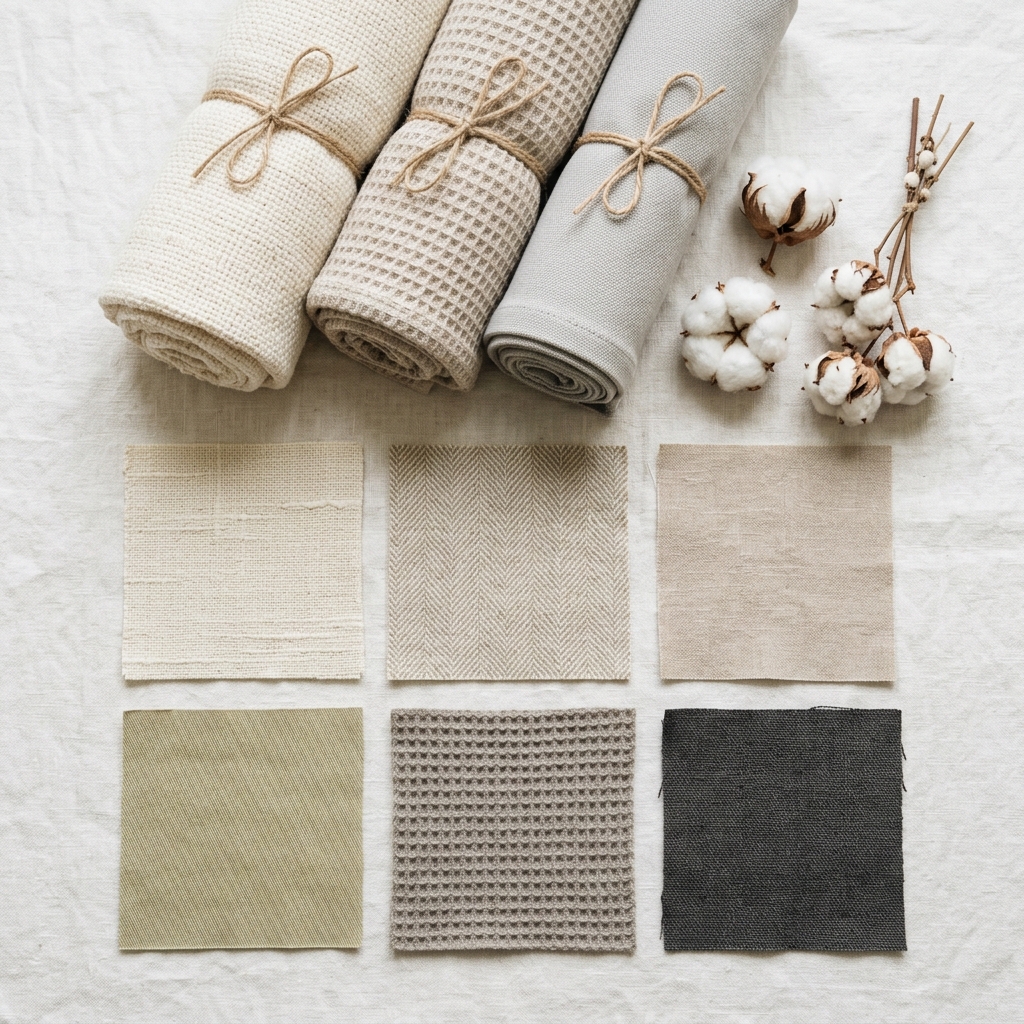 Premium organic cotton fabric swatches arranged neatly