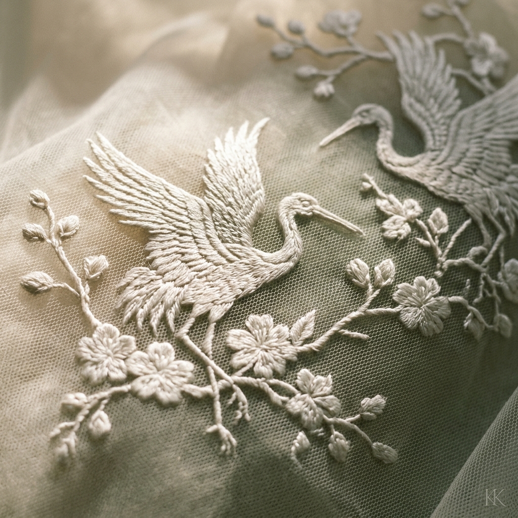 Extreme macro of white-on-white embroidered cranes and cherry blossoms on sheer silk tulle — a close look at the craft of the walk-on robe.