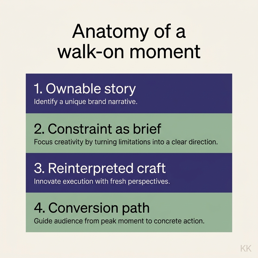 A branded infographic titled 'Anatomy of a walk-on moment' showing four stacked layers — Ownable story, Constraint as brief, Reinterpreted craft, and Conversion path — each with a one-line description.