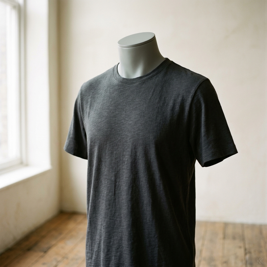 A single plain premium unbranded t-shirt on a matte display form under clean soft directional studio light, window light and a wood floor behind, no tags or sale stickers in sight. No logos, no readable text, no faces.