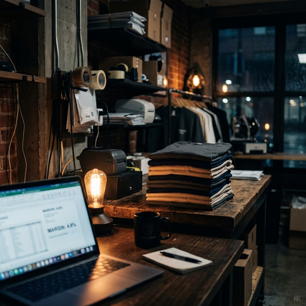 A small clothing brand's back-office studio late at night, a laptop glowing with a margin spreadsheet out of focus in the foreground, a neat stack of plain folded tees sharp in the mid-ground, a blurred packing station behind, warm low tungsten light. No people, no readable logos.