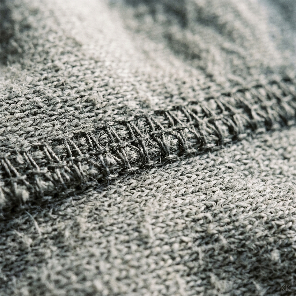 Extreme macro of a cotton jersey tee's knit loops and one clean flatlock seam, raking side light revealing texture and individual threads, very shallow depth of field. No logos, no readable text.