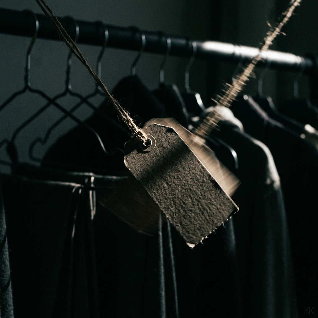 A blank unbranded garment price tag on a string caught in motion blur against a nearly empty clothing rack, one hard shaft of directional light cutting across the frame, everything else in deep shadow. No logos, no readable text, no faces.