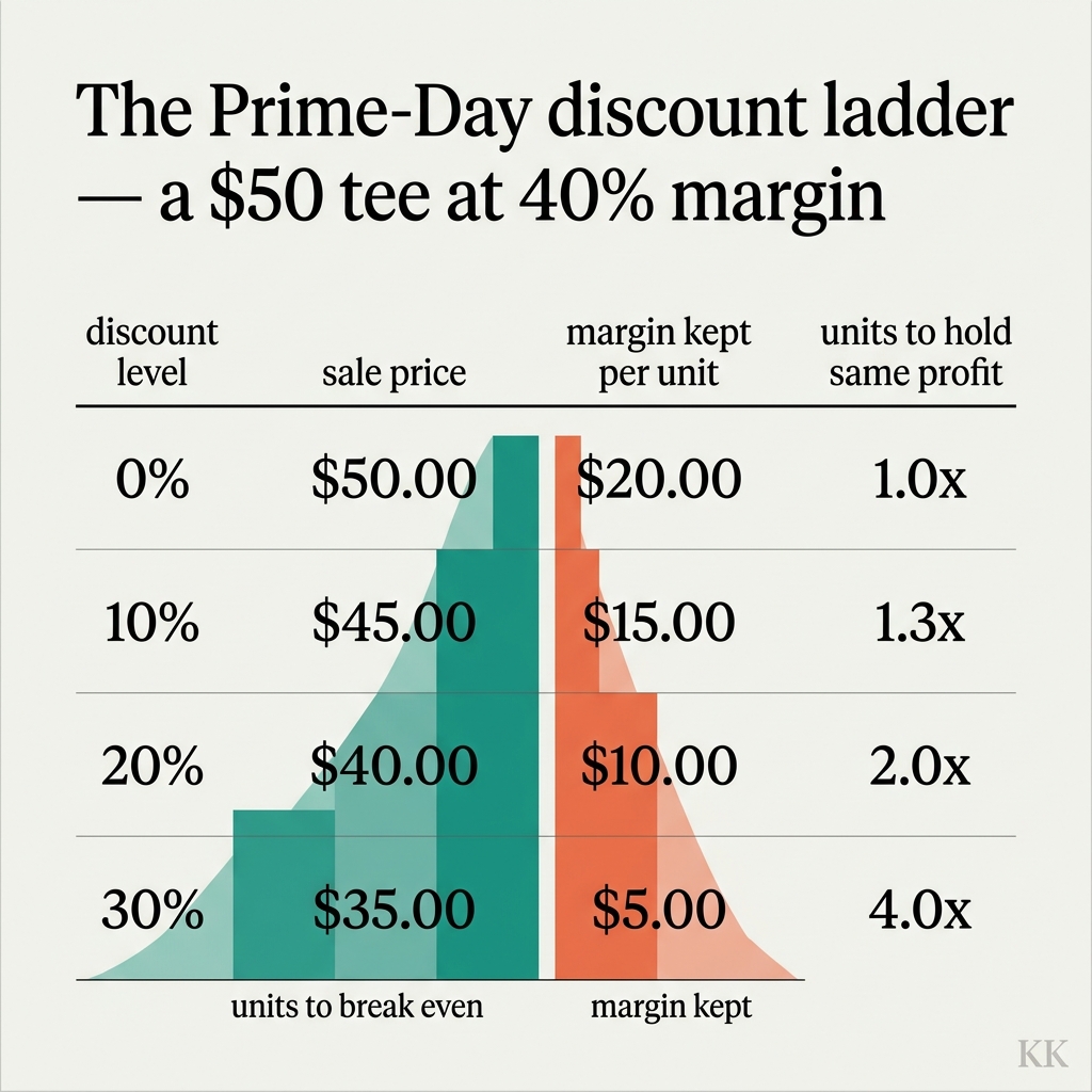 A clean branded infographic titled 'The Prime-Day discount ladder — a $50 tee at 40% margin' showing four rows: 0% off = $50.00 sale, $20.00 margin per unit, 1.0x units; 10% = $45.00, $15.00, 1.3x; 20% = $40.00, $10.00, 2.0x; 30% = $35.00, $5.00, 4.0x. A rising break-even bar beside a falling margin bar, flat editorial data-viz on off-white. No photographic elements.