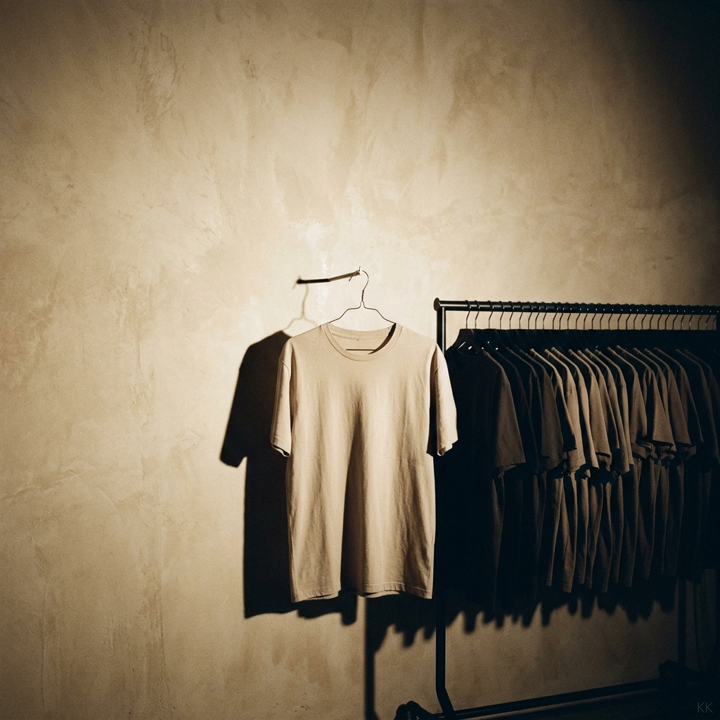 One unbranded tee on a hanger against a bare studio wall, throwing a long hard shadow across the plaster, with a densely packed rail of identical garment silhouettes dissolving into shadow behind it.
