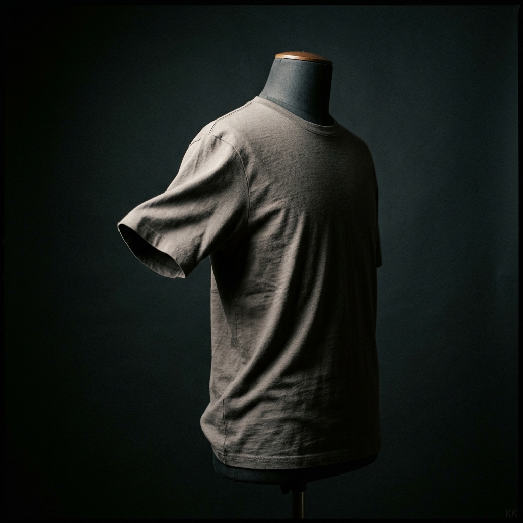 A single unbranded cotton crew tee on a dress form under one hard directional light, sleeve caught mid-movement, the shoulder seam and neck rib sharp against a deep charcoal backdrop.