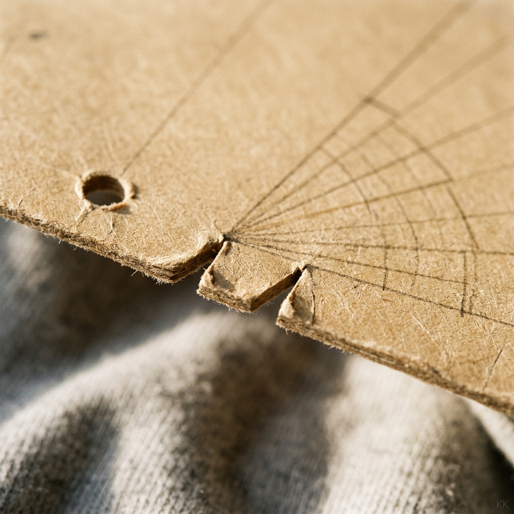 Extreme macro of the edge of a manila pattern card: punched drill holes, cut notches and pencilled grading lines stepping outward across the board, a folded edge of cotton jersey beneath it slightly out of focus.