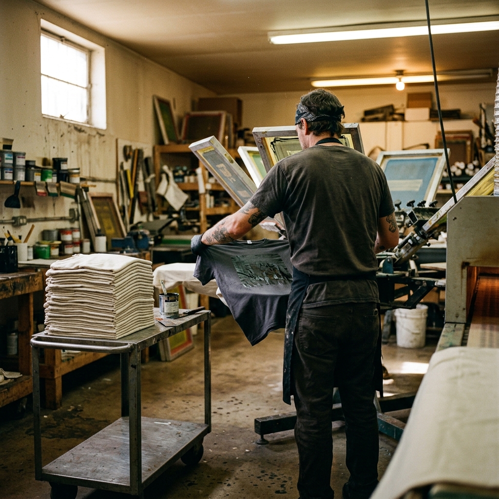 A private label decorating room: a worker at a screen-printing carousel lifting a freshly printed cotton tee off the platen, a stack of undecorated blanks beside them and a curing dryer behind, daylight through high windows, no visible brand marks.