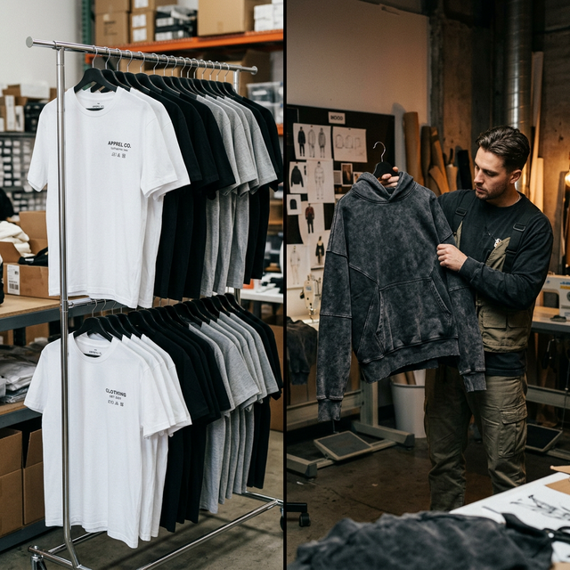 Comparison of identical blank t-shirts vs unique custom cut and sew hoodie