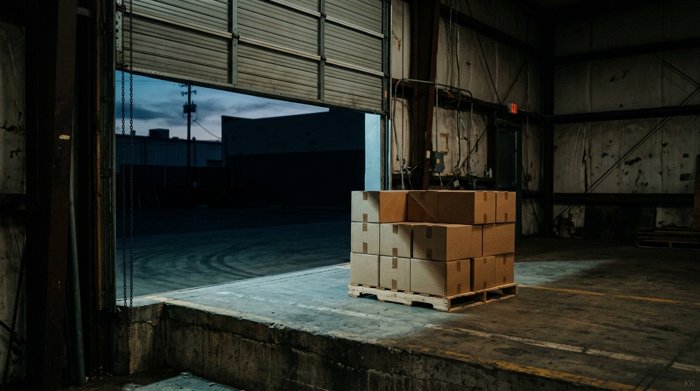 A warehouse loading bay at dusk with the roller door raised halfway. A single wooden pallet stacked with sealed, unmarked cardboard cartons stands alone in the middle of the empty concrete bay, lit by the cold blue evening light coming through the open door. The rest of the space, and the yard beyond, falls away into shadow.